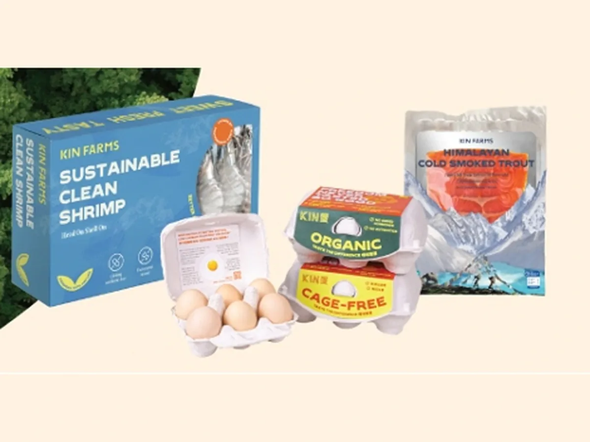 KIN Farms sustainable food products including shrimp, eggs and Himalayan trout